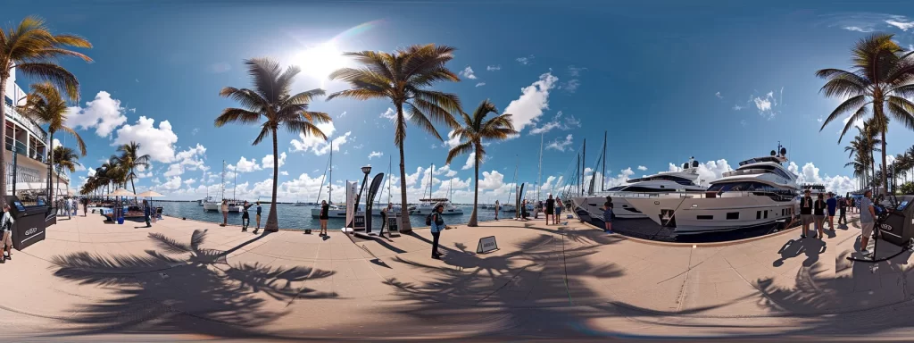 a breathtaking panorama of luxurious yachts glistening under the bright sun at the palm beach boat show, surrounded by enthusiastic attendees engaging in interactive workshops and exploring innovative marine displays.