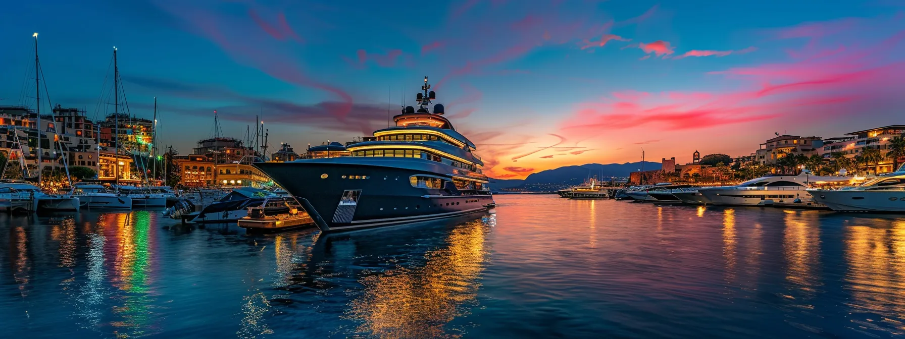 a luxurious superyacht anchored in a bustling marina during peak season, surrounded by elegant waterfront restaurants and vibrant nightlife, capturing the essence of opulence and demand in top global destinations.
