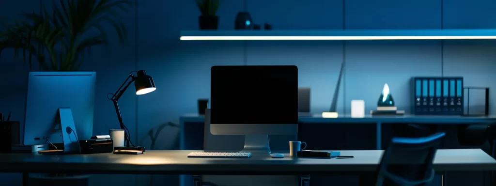 a sleek and modern office workspace, featuring a minimalist desk setup with sophisticated technology, illuminated by soft ambient lighting that reflects a professional and innovative atmosphere.