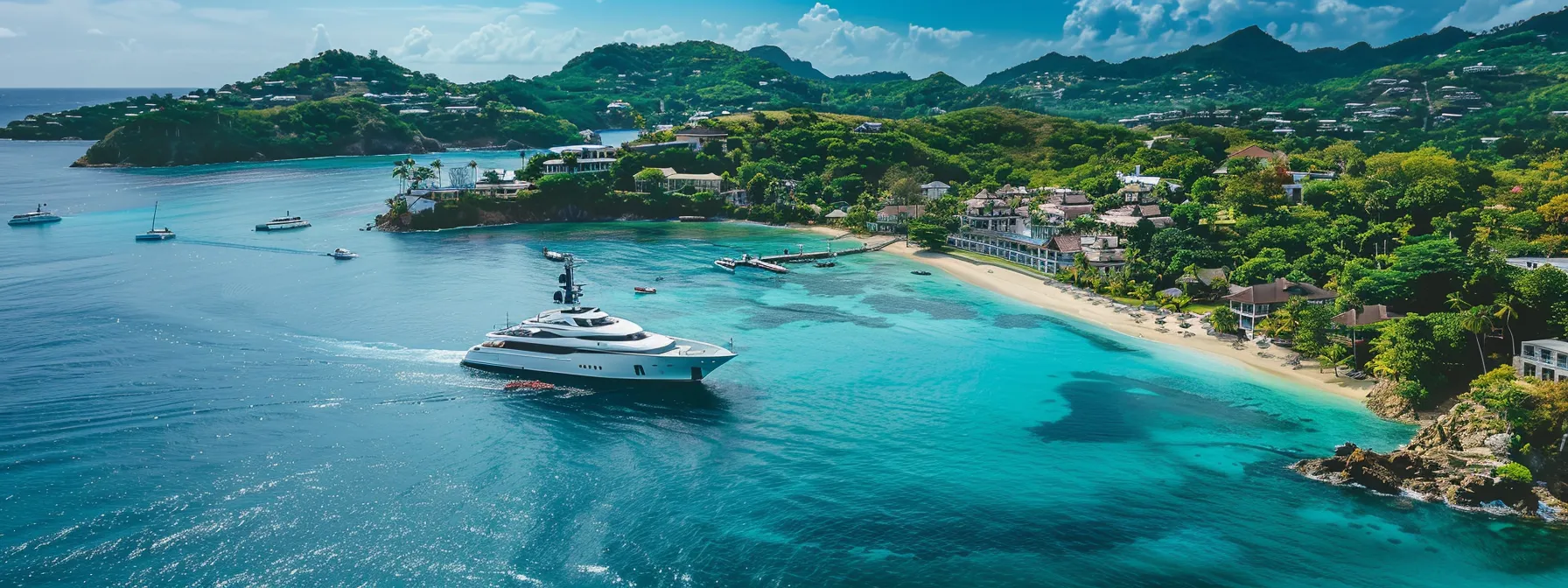 a luxurious superyacht anchored in crystal-clear turquoise waters, surrounded by idyllic beach resorts and vibrant coastal architecture, showcasing the allure of caribbean escapes.