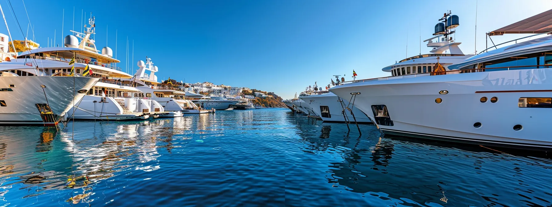 a panoramic view of luxurious superyachts anchored in the vibrant dock of bodrum, showcasing their sleek designs against the backdrop of the bustling mediterranean town and its stunning cliffside architecture.