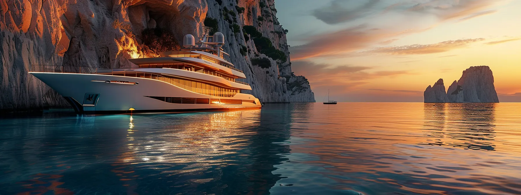 a sleek, luxurious superyacht anchored in the crystal-clear waters of capri, with opulent lounges and spectacular views of the dramatic coastal cliffs, illuminated by the warm glow of sunset.