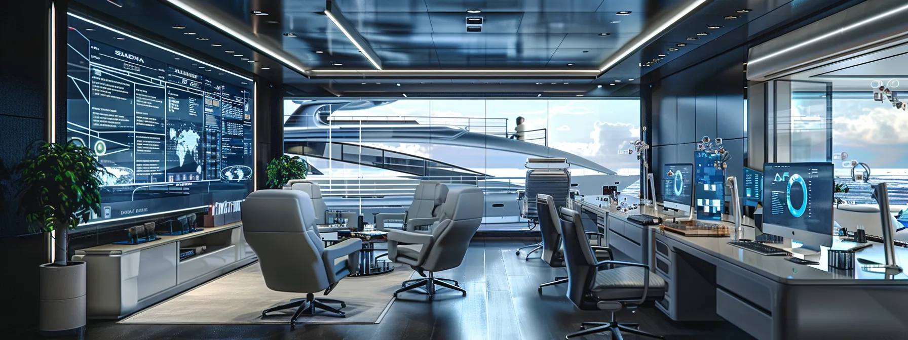 a sleek, modern office space adorned with high-tech screens and sophisticated diagrams, illustrating yacht maintenance management software interfaces, with an air of professionalism and innovation.