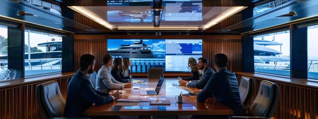 a sleek, modern yacht maintenance office is adorned with large screens displaying compliance tracking software, while a focused team collaborates around a polished conference table, embodying efficiency and adherence to maritime regulations.