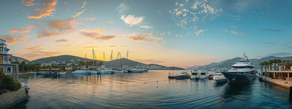 a luxurious superyacht is docked at a sleek, modern marina in türkbükü, bodrum, showcasing high-end berthing facilities under a vibrant mediterranean sky, with attentive staff preparing for maintenance and refuelling services, encapsulating the essence of elite maritime experiences.