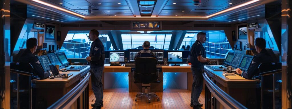 a modern yacht's bridge showcases a diverse team of crew members engaged in dynamic discussion around digital communication screens, symbolising the efficient coordination and streamlined operations facilitated by a pms system.