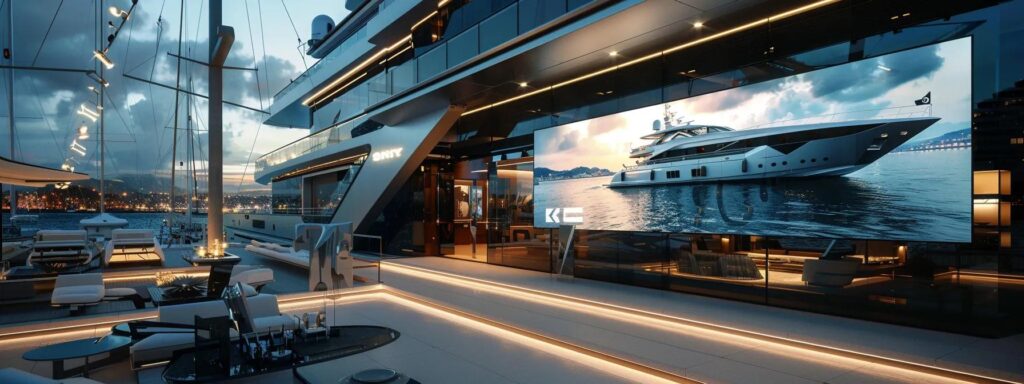 a sleek, modern yacht docked in a bustling marina, surrounded by a digital display showcasing performance metrics and maintenance insights on large screens, emphasising the importance of strategic yacht management.