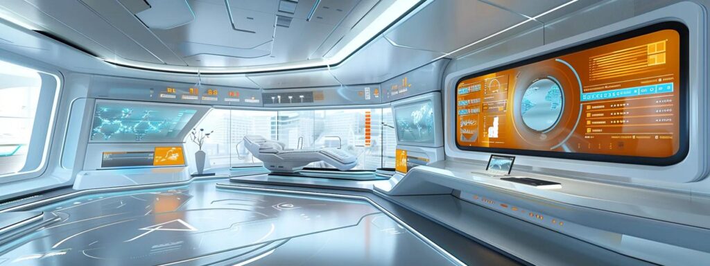 a sleek, modern yacht interior showcases a digital dashboard displaying an advanced preventive maintenance system, with vibrant screens illustrating maintenance schedules and compliance metrics in a luxurious nautical setting.