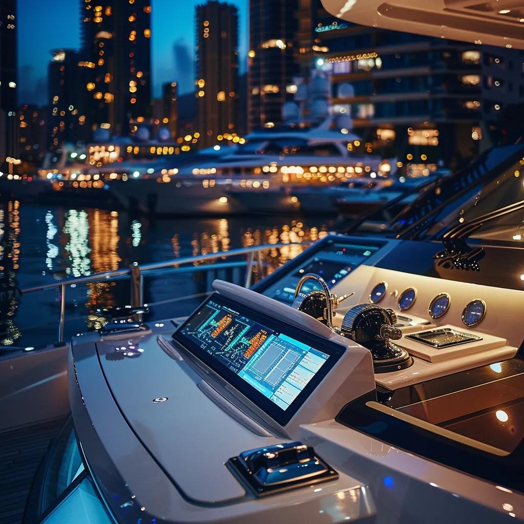 a sleek, modern yacht is docked in a pristine marina, with a digital dashboard interface prominently displaying the benefits of a pms system for yacht maintenance, illuminated by the soft glow of ambient lighting in a sophisticated urban setting.