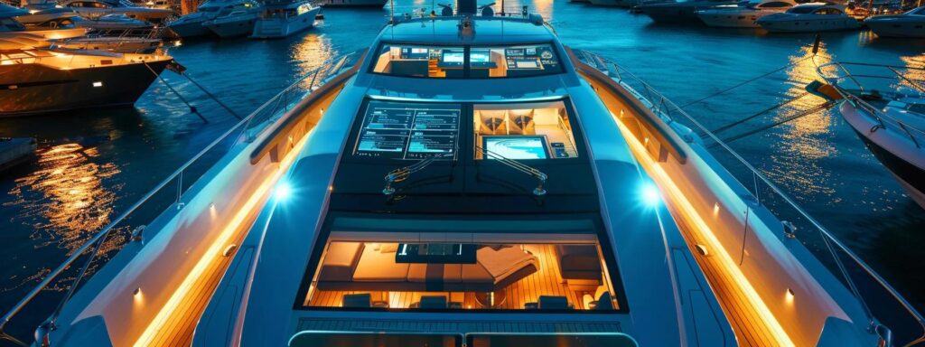 a sleek, modern yacht is docked in a bustling marina, with a sophisticated digital dashboard displaying advanced pms technology, illuminated by vibrant screens that reflect the industry's embrace of digitalisation and sustainability.