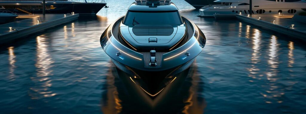 a sleek yacht is anchored in a pristine marina, showcasing advanced digital maintenance software displayed on a high-resolution tablet, symbolising the transition from reactive repairs to proactive maintenance strategies for vessel management.
