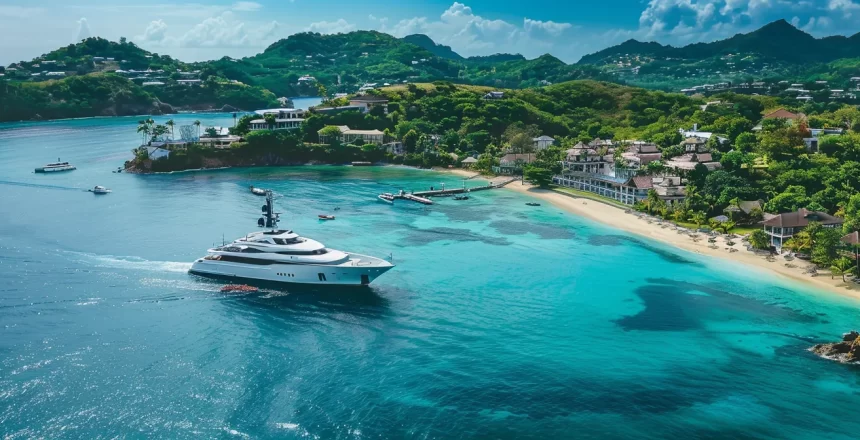 a luxurious superyacht anchored in crystal-clear turquoise waters, surrounded by idyllic beach resorts and vibrant coastal architecture, showcasing the allure of caribbean escapes.