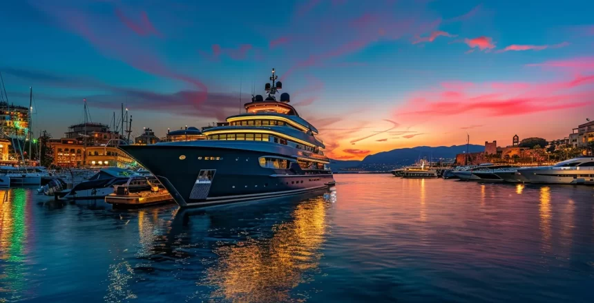 a luxurious superyacht anchored in a bustling marina during peak season, surrounded by elegant waterfront restaurants and vibrant nightlife, capturing the essence of opulence and demand in top global destinations.