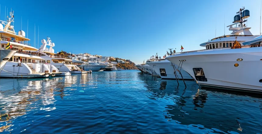 a panoramic view of luxurious superyachts anchored in the vibrant dock of bodrum, showcasing their sleek designs against the backdrop of the bustling mediterranean town and its stunning cliffside architecture.
