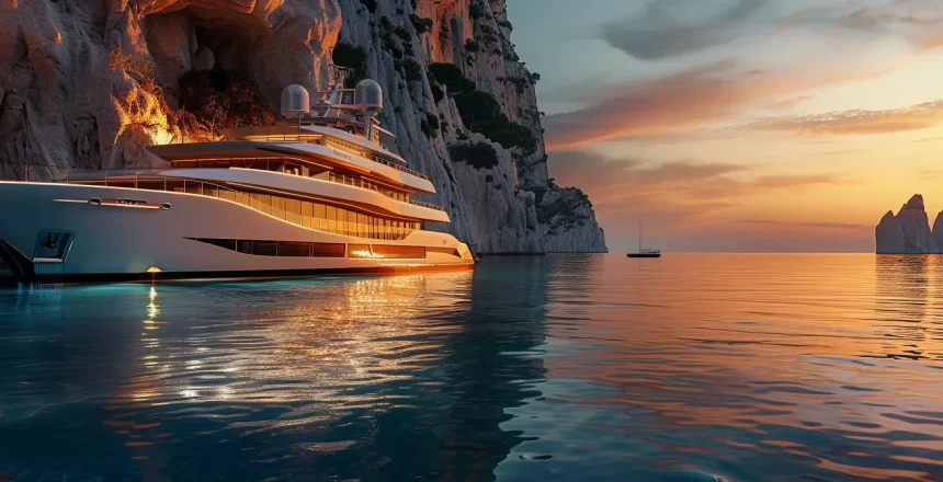 a sleek, luxurious superyacht anchored in the crystal-clear waters of capri, with opulent lounges and spectacular views of the dramatic coastal cliffs, illuminated by the warm glow of sunset.