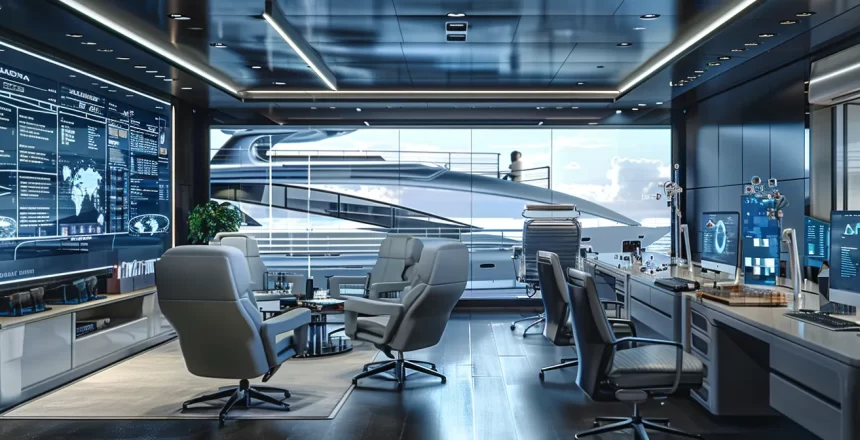 a sleek, modern office space adorned with high-tech screens and sophisticated diagrams, illustrating yacht maintenance management software interfaces, with an air of professionalism and innovation.