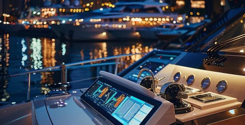 a sleek, modern yacht is docked in a pristine marina, with a digital dashboard interface prominently displaying the benefits of a pms system for yacht maintenance, illuminated by the soft glow of ambient lighting in a sophisticated urban setting.
